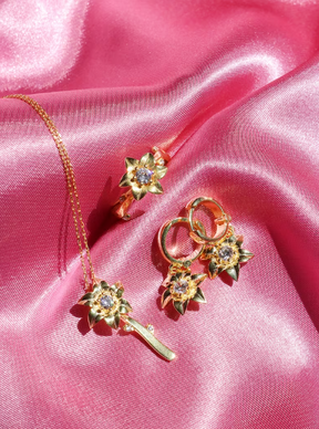 Rapunzel Flower Gleam and Glow Necklace Earring Ring Set, 925 Sterling Silver