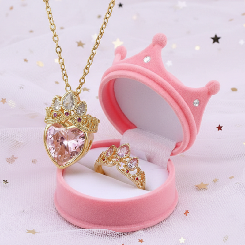 Set Anillo Collar Rapunzel Corona Rosa